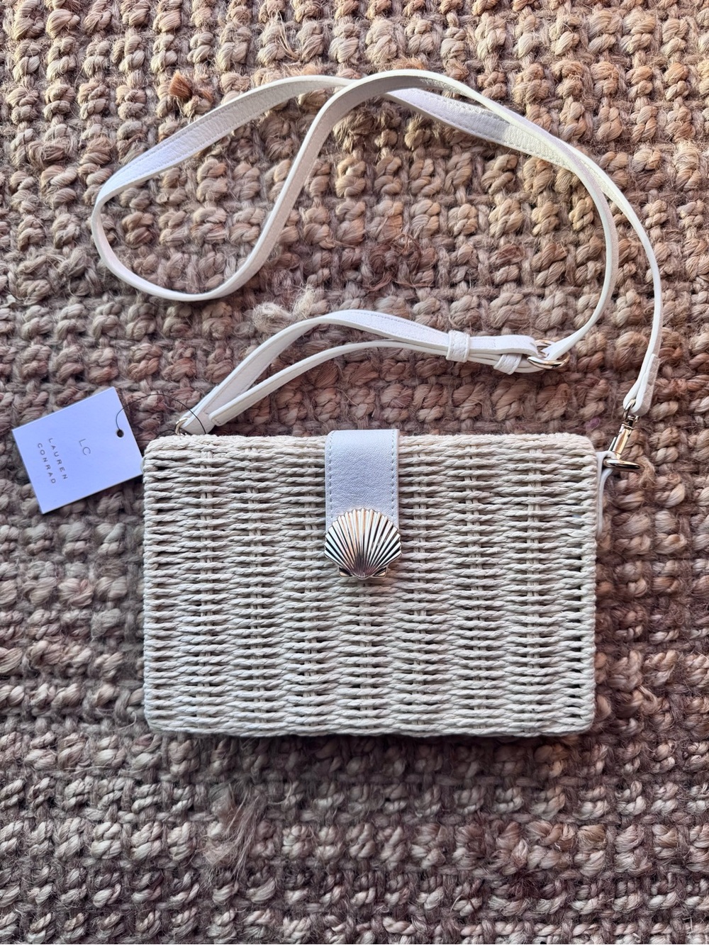 LC Lauren Conrad Cream Woven Crossbody with Shell Accent